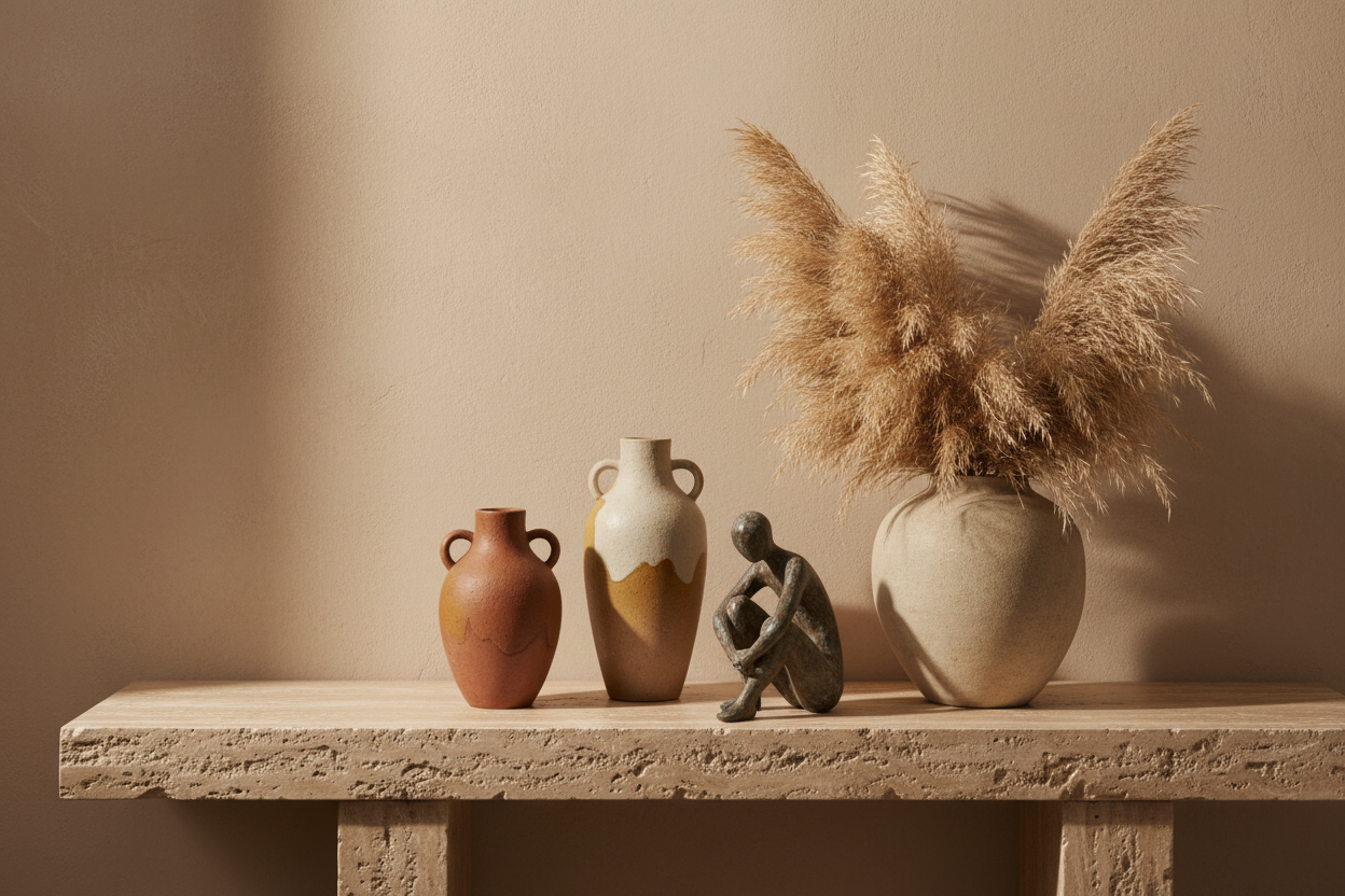 Ceramic vases and sculpture on travertine