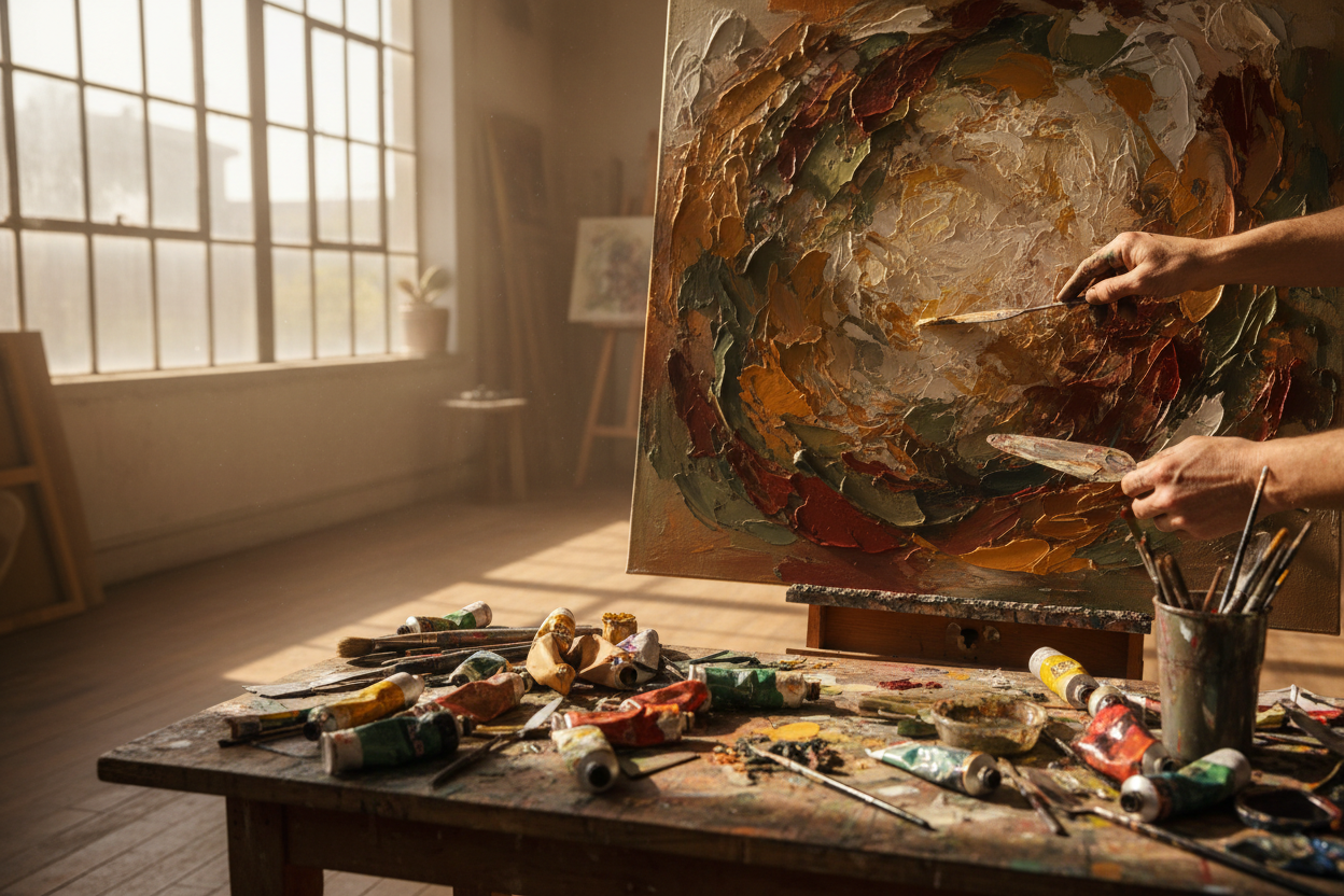 Artist working on a textured painting in studio